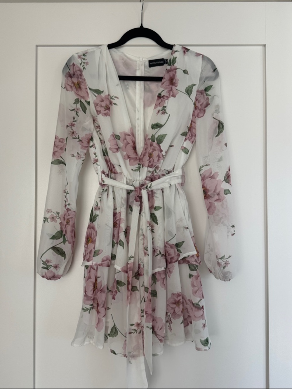 PrettyLittleThing White Dress with Pink Floral Print